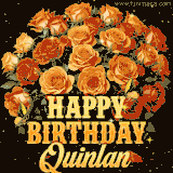 Animated bouquet of orange roses with moving butterfles and golden 'Happy Birthday Quinlan' text, surrounded by sparkling accents and a dark backdrop for a luxurious feel.