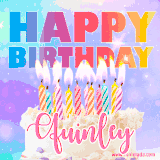 A vibrant animated name GIF with the words 'Happy Birthday Quinley' with colorful candles on a creamy cake. The background sparkles with pastel shades, adding a festive touch.