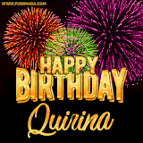 A golden 'Happy Birthday Quirina' message with vibrant fireworks in the background, creating a festive and celebratory vibe in this animated name GIF.