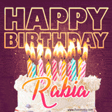 A colorful birthday cake topped with lit candles, with the words 'Happy Birthday Rabia' in bold glowing letters on a burgundy background. Animated flames add a festive touch.