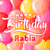 A vibrant name GIF featuring colorful balloons in shades of pink, orange, and yellow with the bold text 'Happy Birthday Rabia' in festive fonts, creating a lively birthday vibe.