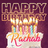 A colorful birthday cake topped with lit candles, with the words 'Happy Birthday Rachab' in bold glowing letters on a burgundy background. Animated flames add a festive touch.