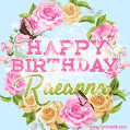 A charming animated GIF featuring 'Happy Birthday Raeanna' in pink and green text, surrounded by delicate roses, leaves, and fluttering butterflies on a soft light blue pastel background.