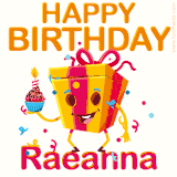 A vibrant and funny gift box character with a happy face dancing with a cupcake and the text 'Happy Birthday Raeanna,' surrounded by animated confetti and party vibes.