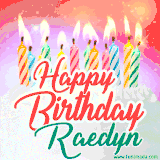 Bright birthday candles with rainbow flames on a cake, alongside the text 'Happy Birthday Raedyn' in vibrant script in this celebratory animated GIF.