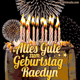 A chocolate birthday cake with glowing candles, the German text 'Alles Gute zum Geburtstag Raedyn,' and vibrant fireworks lighting up the background in an animated GIF.