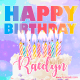 A vibrant animated name GIF with the words 'Happy Birthday Raedyn' with colorful candles on a creamy cake. The background sparkles with pastel shades, adding a festive touch.
