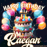 Bright birthday animation for Raegan with a chocolate cake, candles, balloons, and glowing celebratory lights.