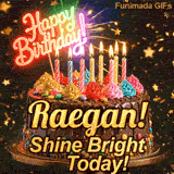 A rich chocolate frosted cake on a gold stand with glowing yellow candles, personalized with the name Raegan!