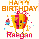 A vibrant and funny gift box character with a happy face dancing with a cupcake and the text 'Happy Birthday Raegan,' surrounded by animated confetti and party vibes.