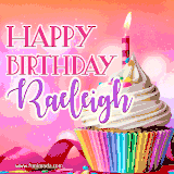 A vibrant birthday GIF featuring a rainbow-colored cupcake topped with white frosting, sprinkles, and a lit candle. The text reads 'Happy Birthday Raeleigh' in bold pink and violet letters with white outline.