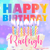 A vibrant animated name GIF with the words 'Happy Birthday Raeleigh' with colorful candles on a creamy cake. The background sparkles with pastel shades, adding a festive touch.