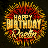 Golden 'Happy Birthday Raelin' text accompanied by animated rainbow fireworks for a festive animated greeting.