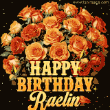 Animated bouquet of orange roses with moving butterfles and golden 'Happy Birthday Raelin' text, surrounded by sparkling accents and a dark backdrop for a luxurious feel.
