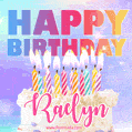 Animated Happy Birthday Cake with Name Raelyn and Burning Candles