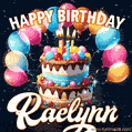 Hand-drawn happy birthday cake adorned with an arch of colorful balloons - name GIF for Raelynn