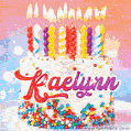 Personalized for Raelynn elegant birthday cake adorned with rainbow sprinkles, colorful candles and glitter