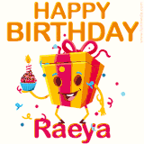 A vibrant and funny gift box character with a happy face dancing with a cupcake and the text 'Happy Birthday Raeya,' surrounded by animated confetti and party vibes.
