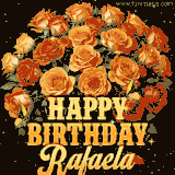Animated bouquet of orange roses with moving butterfles and golden 'Happy Birthday Rafaela' text, surrounded by sparkling accents and a dark backdrop for a luxurious feel.