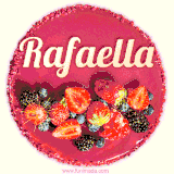 Beautifully decorated red velvet berry birthday cake with vibrant fruits and a glowing 'Rafaella' name, adding a touch of sweetness and sparkle.