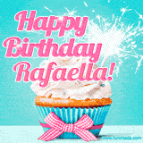 A festive cupcake with pink icing, a gingham bow, and a lit animated sparkler, paired with 'Happy Birthday Rafaella!' in bright pink text.
