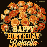 Animated bouquet of orange roses with moving butterfles and golden 'Happy Birthday Rafaella' text, surrounded by sparkling accents and a dark backdrop for a luxurious feel.