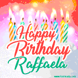 Bright birthday candles with rainbow flames on a cake, alongside the text 'Happy Birthday Raffaela' in vibrant script in this celebratory animated GIF.