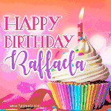 A vibrant birthday GIF featuring a rainbow-colored cupcake topped with white frosting, sprinkles, and a lit candle. The text reads 'Happy Birthday Raffaela' in bold pink and violet letters with white outline.