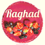 Beautifully decorated red velvet berry birthday cake with vibrant fruits and a glowing 'Raghad' name, adding a touch of sweetness and sparkle.