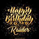 Animated GIF with colorful, festive 'Happy Birthday Raider' text decorated with patterns, a party hat, and falling confetti. A vibrant and cheerful design for birthday celebrations.