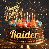 Shimmering animated card featuring a detailed chocolate cake and the name Raider for his birthday celebration.