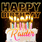 A vibrant animated GIF featuring a delicious birthday cake topped with glowing candles and the name 'Raider' in elegant script, and the words 'Happy Birthday' on the black background.