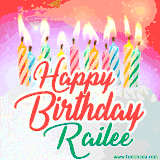 Bright birthday candles with rainbow flames on a cake, alongside the text 'Happy Birthday Railee' in vibrant script in this celebratory animated GIF.