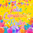 A bright and festive GIF with the text 'Feliz Cumpleaños Railee' in Spanish in colorful fonts, surrounded by confetti, balloons, and festive banners on a vibrant yellow background.
