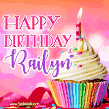 A vibrant birthday GIF featuring a rainbow-colored cupcake topped with white frosting, sprinkles, and a lit candle. The text reads 'Happy Birthday Railyn' in bold pink and violet letters with white outline.