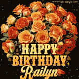 Animated bouquet of orange roses with moving butterfles and golden 'Happy Birthday Railyn' text, surrounded by sparkling accents and a dark backdrop for a luxurious feel.