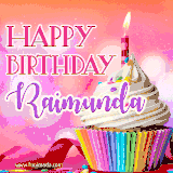 A vibrant birthday GIF featuring a rainbow-colored cupcake topped with white frosting, sprinkles, and a lit candle. The text reads 'Happy Birthday Raimunda' in bold pink and violet letters with white outline.