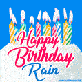 Happy Birthday GIF for Rain with Birthday Cake and Lit Candles