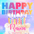 Animated Happy Birthday Cake with Name Raina and Burning Candles