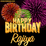 A golden 'Happy Birthday Rajiya' message with vibrant fireworks in the background, creating a festive and celebratory vibe in this animated name GIF.