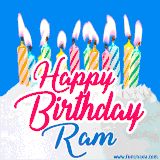 A cheerful animated GIF featuring colorful lit birthday candles on a white cake, with the text 'Happy Birthday Ram' in bold red and blue script on a bright blue background.