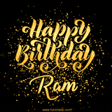 Animated GIF with colorful, festive 'Happy Birthday Ram' text decorated with patterns, a party hat, and falling confetti. A vibrant and cheerful design for birthday celebrations.