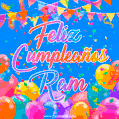 A vibrant animated GIF with 'Feliz Cumpleaños Ram' written in colorful script, surrounded by balloons, confetti, and bunting on a bright blue background.