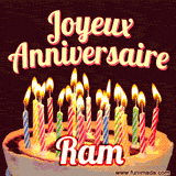 A Happy Birthday GIF in French featuring a festive birthday cake adorned with bright candles and the glowing text 'Joyeux Anniversaire Ram' in a cheerful style.