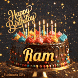 Cute chocolate cake animation with Ram's name, decorated with glowing birthday candles and multicolored icing.