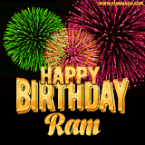 A captivating GIF with bursts of green, pink, and orange fireworks lighting up the night sky, accompanied by 'Happy Birthday Ram' in glowing golden text.