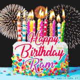 A lively happy birthday animated GIF showcasing a colorful birthday cake covered in sprinkles, topped with glowing candles, and surrounded by vibrant fireworks. The name 'Ram' is featured in elegant script.