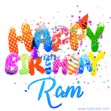 Animated GIF with colorful, festive 'Happy Birthday Ram' text decorated with patterns, a party hat, and falling confetti. A vibrant and cheerful design for birthday celebrations.