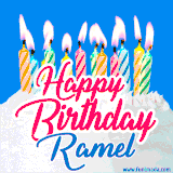 A cheerful animated GIF featuring colorful lit birthday candles on a white cake, with the text 'Happy Birthday Ramel' in bold red and blue script on a bright blue background.