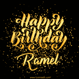 Animated GIF with colorful, festive 'Happy Birthday Ramel' text decorated with patterns, a party hat, and falling confetti. A vibrant and cheerful design for birthday celebrations.